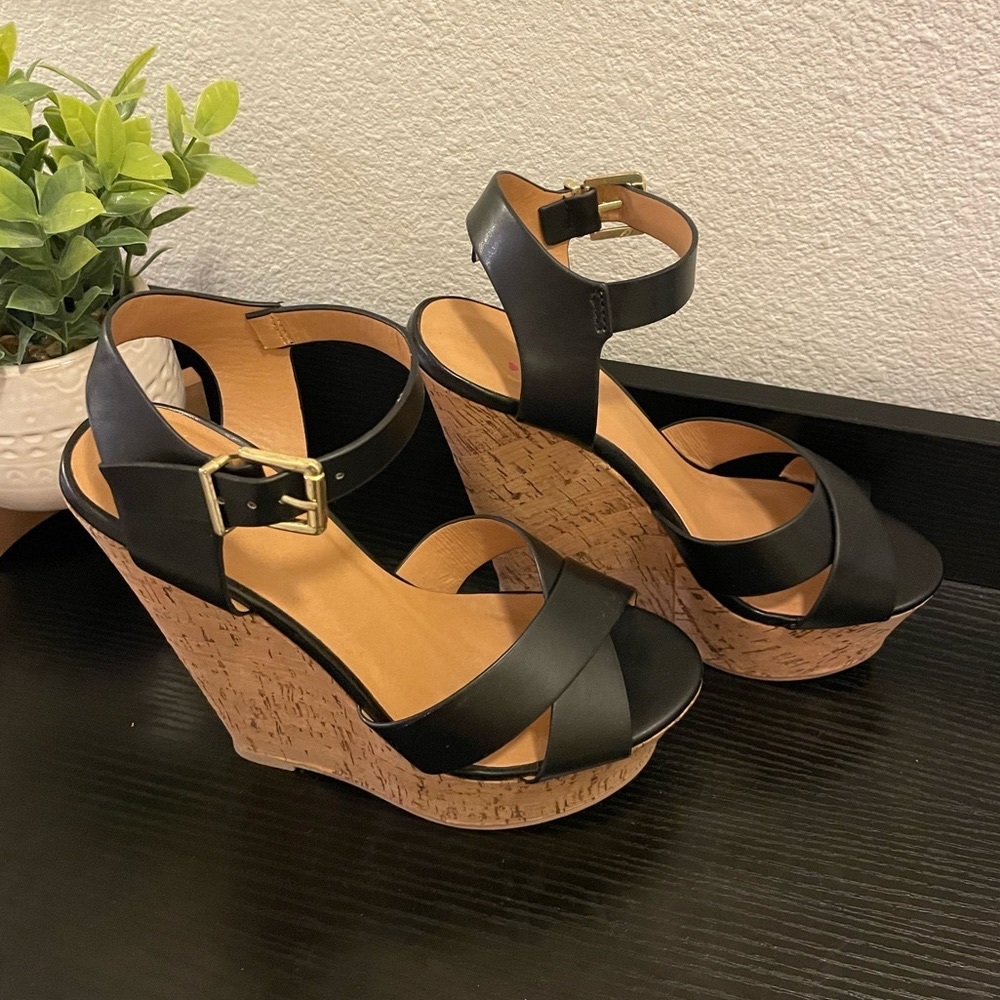 Heart in D Black Strap Wedge Heels